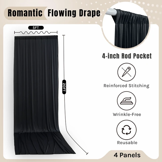 Alt view image 5 of 7 - 20x20ft Black Ceiling Drapes for Wedding, 4 Panels 5×20ft Wrinkle-Free Silky Draping Fabric Ceiling Curtains for Tent Canopy Church Event Reception Stage Backdrop