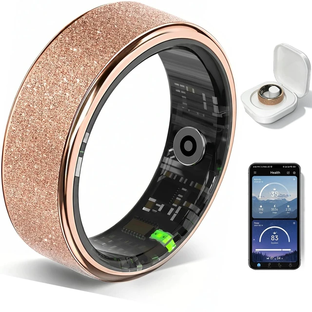 Main image of Frosted Glitter Smart Ring, Fitness & Health Tracker for Women Men No Subscription, Heart Rate, Blood Oxygen, HRV, Skin Temperature, Track Steps and Calories, for Android & iOS, Rose Gold