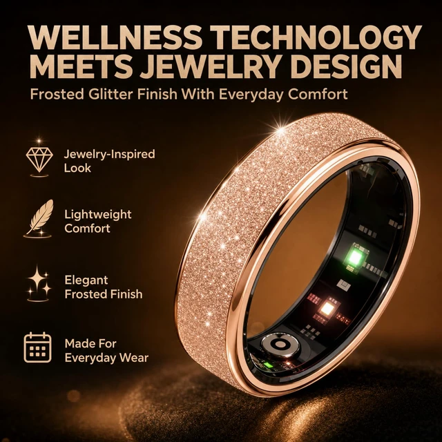 Alt view image 3 of 7 - Frosted Glitter Smart Ring, Fitness & Health Tracker for Women Men No Subscription, Heart Rate, Blood Oxygen, HRV, Skin Temperature, Track Steps and Calories, for Android & iOS, Rose Gold
