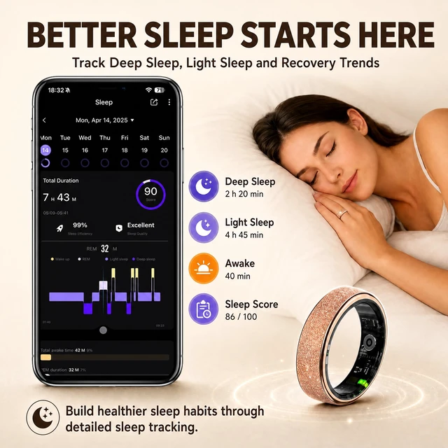 Alt view image 5 of 7 - Frosted Glitter Smart Ring, Fitness & Health Tracker for Women Men No Subscription, Heart Rate, Blood Oxygen, HRV, Skin Temperature, Track Steps and Calories, for Android & iOS, Rose Gold