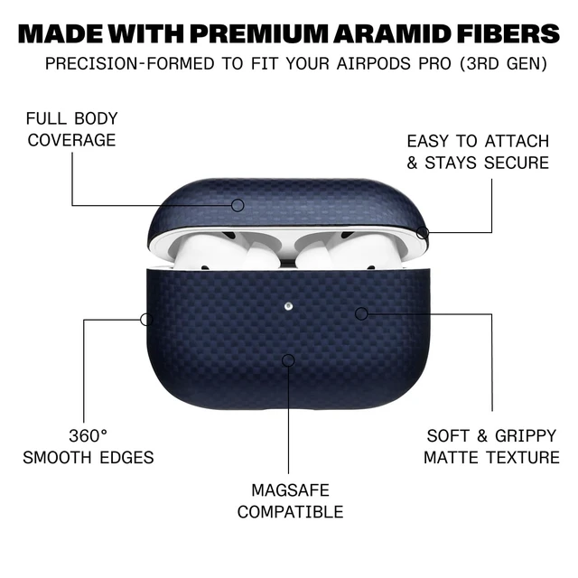 Alt view image 2 of 7 - for AirPods Pro 3 Ultra-Thin 0.6mm Aramid Fiber Case Lightweight 6g Hard Shell Slim Protective Cover Wireless Charging Compatible Matte Non-Slip Grip Blue Crosshatch