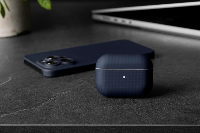 Alt view image 6 of 7 - for AirPods Pro 3 Ultra-Thin 0.6mm Aramid Fiber Case Lightweight 6g Hard Shell Slim Protective Cover Wireless Charging Compatible Matte Non-Slip Grip Blue Crosshatch