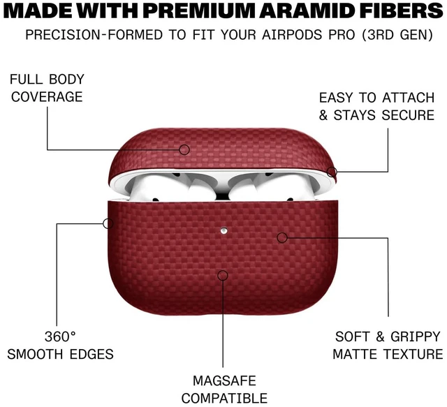 Alt view image 2 of 7 - for AirPods Pro 3 Ultra-Thin 0.6mm Aramid Fiber Case Lightweight 6g Hard Shell Slim Protective Cover Wireless Charging Compatible Matte Non-Slip Grip Red Crosshatch