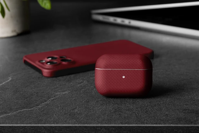 Alt view image 6 of 7 - for AirPods Pro 3 Ultra-Thin 0.6mm Aramid Fiber Case Lightweight 6g Hard Shell Slim Protective Cover Wireless Charging Compatible Matte Non-Slip Grip Red Crosshatch