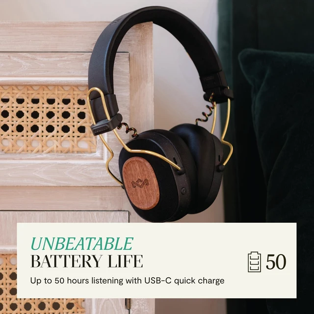 Alt view image 3 of 7 - House of Positive Vibration Riddim On-Ear Headphones, 50-Hour Playtime, Quick Charge, Crystal Clear Calls, Sustainable Bamboo (Rasta)