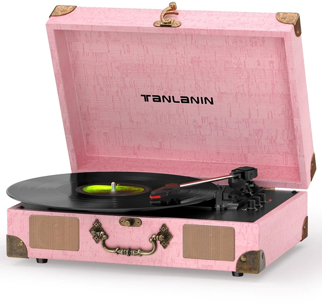 Main image of Suitcase Record Player with Speakers, Bluetooth in/Out, Pink Vintage portable turntable, 3-speed auto stop, bass/treble control, belt drive, RCA/AUX and headphone jack, home decor gift