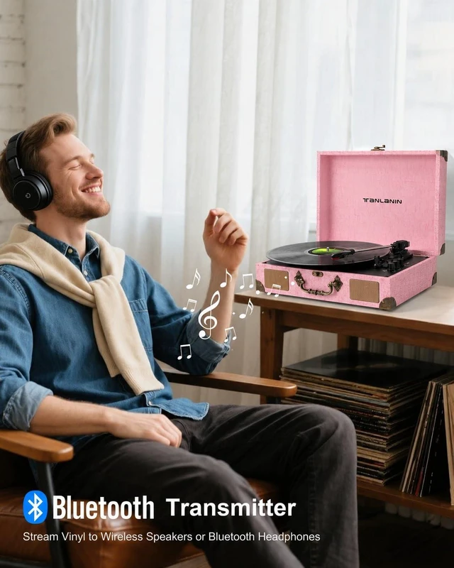 Alt view image 3 of 7 - Suitcase Record Player with Speakers, Bluetooth in/Out, Pink Vintage portable turntable, 3-speed auto stop, bass/treble control, belt drive, RCA/AUX and headphone jack, home decor gift