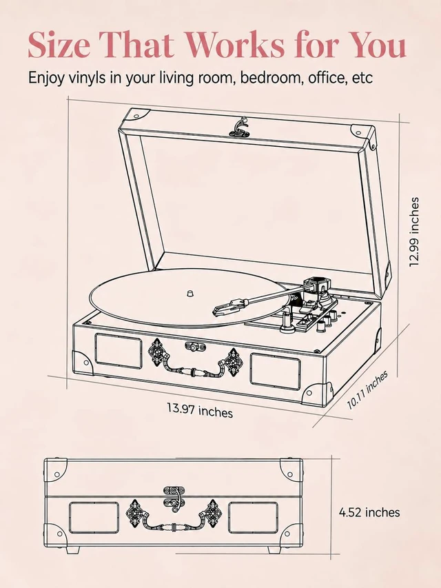Alt view image 7 of 7 - Suitcase Record Player with Speakers, Bluetooth in/Out, Pink Vintage portable turntable, 3-speed auto stop, bass/treble control, belt drive, RCA/AUX and headphone jack, home decor gift