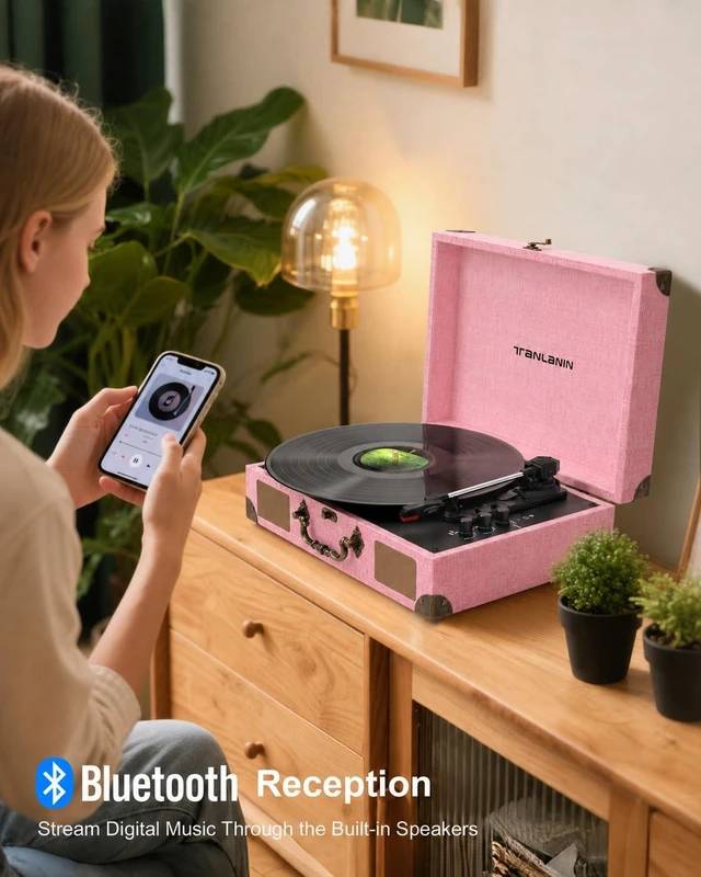 Alt view image 4 of 7 - Suitcase Record Player with Speakers, Bluetooth in/Out, Pink Vintage portable turntable, 3-speed auto stop, bass/treble control, belt drive, RCA/AUX and headphone jack, home decor gift