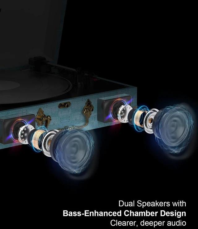 Alt view image 2 of 7 - Suitcase Record Player with Speakers, Bluetooth in/Out, Red Brown Vintage portable turntable, 3-speed auto stop, bass/treble control, belt drive, RCA/AUX and headphone jack, home decor gift