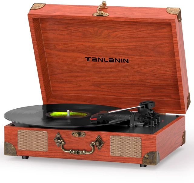 Main image of Suitcase Record Player with Speakers, Bluetooth in/Out, Red Brown Vintage portable turntable, 3-speed auto stop, bass/treble control, belt drive, RCA/AUX and headphone jack, home decor gift