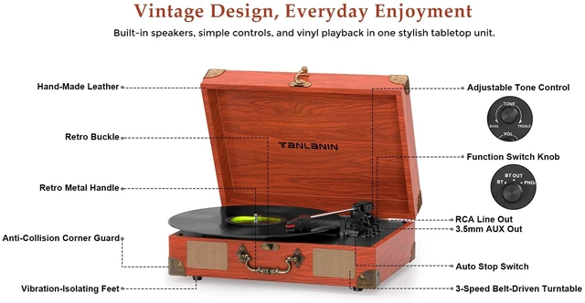 Alt view image 6 of 7 - Suitcase Record Player with Speakers, Bluetooth in/Out, Red Brown Vintage portable turntable, 3-speed auto stop, bass/treble control, belt drive, RCA/AUX and headphone jack, home decor gift