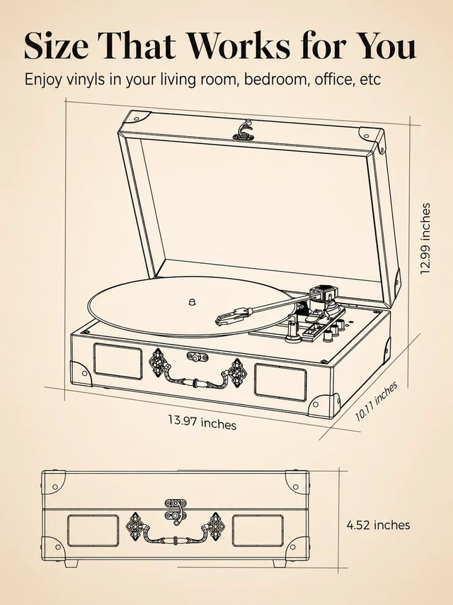 Alt view image 7 of 7 - Suitcase Record Player with Speakers, Bluetooth in/Out, Red Brown Vintage portable turntable, 3-speed auto stop, bass/treble control, belt drive, RCA/AUX and headphone jack, home decor gift