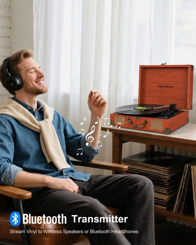 Alt view image 3 of 7 - Suitcase Record Player with Speakers, Bluetooth in/Out, Red Brown Vintage portable turntable, 3-speed auto stop, bass/treble control, belt drive, RCA/AUX and headphone jack, home decor gift