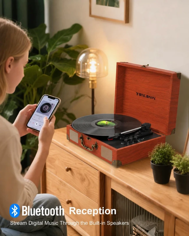 Alt view image 4 of 7 - Suitcase Record Player with Speakers, Bluetooth in/Out, Red Brown Vintage portable turntable, 3-speed auto stop, bass/treble control, belt drive, RCA/AUX and headphone jack, home decor gift