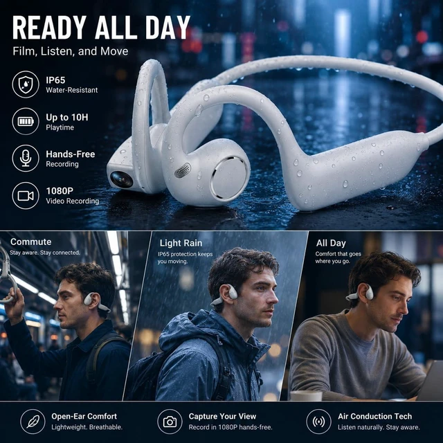 Alt view image 4 of 7 - E12 Bone Conduction Headphones with Camera, Open-Ear, Comfort Fit, Hi-Fi Hands-Free POV Camera, AI Translation & Smart Conversation, Wireless Bluetooth Sport Earphones with App for Running & Travel