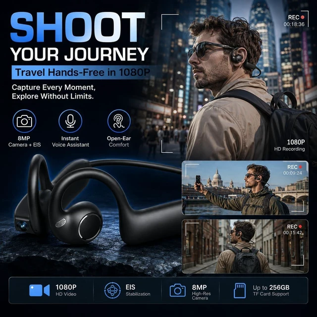 Alt view image 3 of 7 - E12 Bone Conduction Headphones with Camera, Open-Ear, Comfort Fit, Hi-Fi Hands-Free POV Camera, AI Translation & Smart Conversation, Wireless Bluetooth Sport Earphones with App for Running & Travel