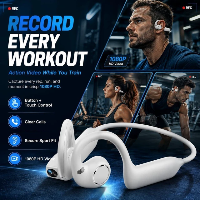 Alt view image 5 of 7 - E12 Bone Conduction Headphones with Camera, Open-Ear, Comfort Fit, Hi-Fi Hands-Free POV Camera, AI Translation & Smart Conversation, Wireless Bluetooth Sport Earphones with App for Running & Travel