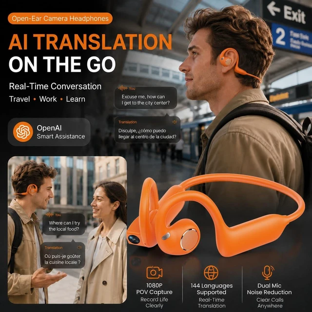 Alt view image 7 of 7 - E12 Bone Conduction Headphones with Camera, Open-Ear, Comfort Fit, Hi-Fi Hands-Free POV Camera, AI Translation & Smart Conversation, Wireless Bluetooth Sport Earphones with App for Running & Travel