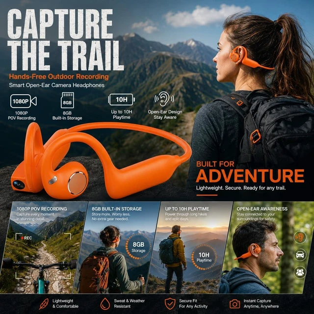 Alt view image 6 of 7 - E12 Bone Conduction Headphones with Camera, Open-Ear, Comfort Fit, Hi-Fi Hands-Free POV Camera, AI Translation & Smart Conversation, Wireless Bluetooth Sport Earphones with App for Running & Travel
