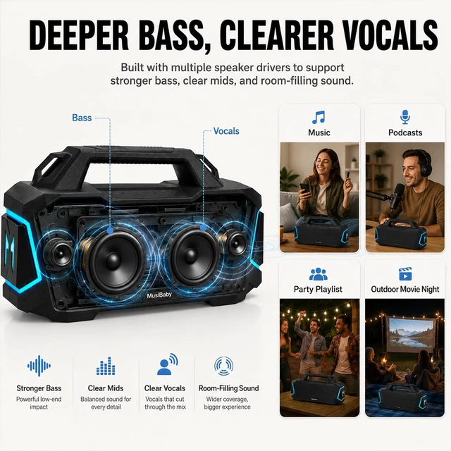 Alt view image 4 of 7 - 80W Portable Bluetooth Speaker, Loud Bass, IPX6 Waterproof, Black Workshop, tailgate, RV, projector nights, fishing trips, boat deck, cookouts, USB music, AUX input, and room-filling audio