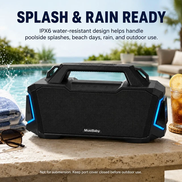 Alt view image 5 of 7 - 80W Portable Bluetooth Speaker, Loud Bass, IPX6 Waterproof, Black Workshop, tailgate, RV, projector nights, fishing trips, boat deck, cookouts, USB music, AUX input, and room-filling audio
