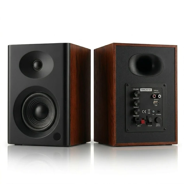 Main image of 4-Inch Powered Bluetooth Bookshelf Speakers, Black 60W Active Home Audio System w/ Wooden Enclosure & RCA/AUX Inputs, Remote, for Turntable, Record Player, Desktop Computer, PC