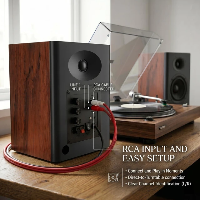 Alt view image 2 of 7 - 4-Inch Powered Bluetooth Bookshelf Speakers, Black 60W Active Home Audio System w/ Wooden Enclosure & RCA/AUX Inputs, Remote, for Turntable, Record Player, Desktop Computer, PC