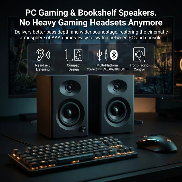 Alt view image 6 of 7 - 4-Inch Powered Bluetooth Bookshelf Speakers, Black 60W Active Home Audio System w/ Wooden Enclosure & RCA/AUX Inputs, Remote, for Turntable, Record Player, Desktop Computer, PC