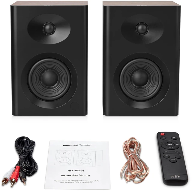 Alt view image 5 of 7 - 4-Inch Powered Bluetooth Bookshelf Speakers, Black 60W Active Home Audio System w/ Wooden Enclosure & RCA/AUX Inputs, Remote, for Turntable, Record Player, Desktop Computer, PC