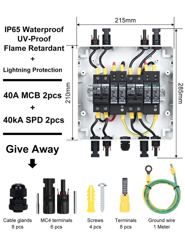 Alt view image 3 of 7 - Solar Disconnect Switch 40Amp DC Circuit Breaker with Surge Protector PV Combiner Box for Solar Panel 2 in 2 Out