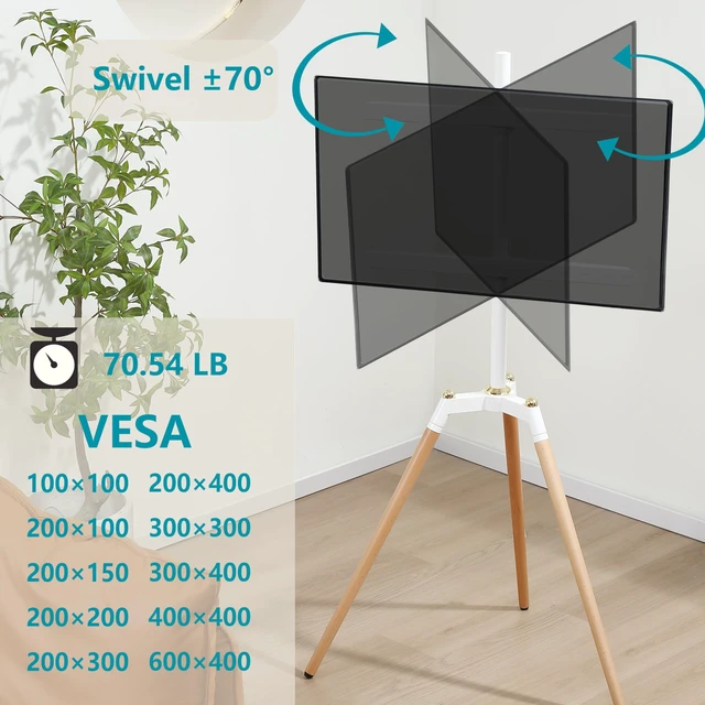 Alt view image 3 of 7 - Universal Tripod Easel TV Stand for 32-65 inch LED LCD Screen Flat Curved Screen, Height Adjustable Studio TV Display Stand with 140° Swivel for Bedroom, Living Room, Corner TV Stand (White)