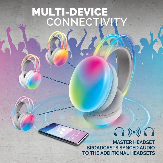 Alt view image 2 of 6 - Wireless Silent Disco Headphones, Multicolor LED Lights, Bluetooth 5.0, Up to 10 Hours of Playtime, 4 Pack