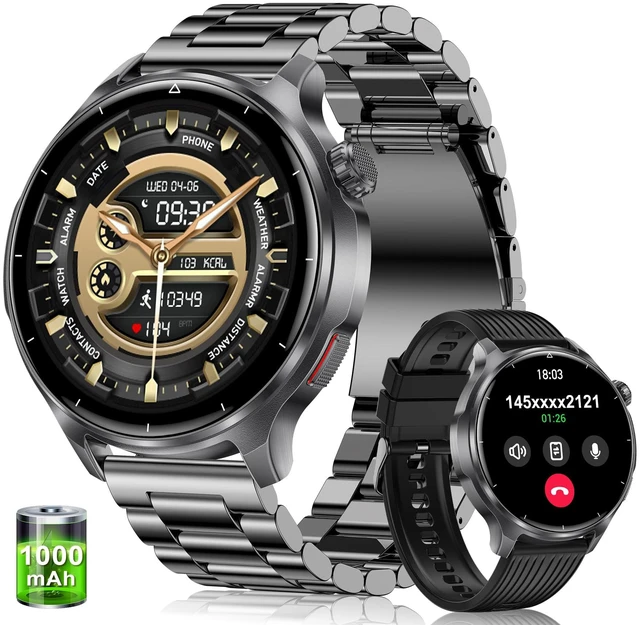 Main image of Military Smart Watch for Men 1000mAh Battery 1.52" HD Screen IP68 Waterproof, Bluetooth Call, 100+ Sports Modes, Sleep/Health Monitoring, Compatible iOS Android, Black