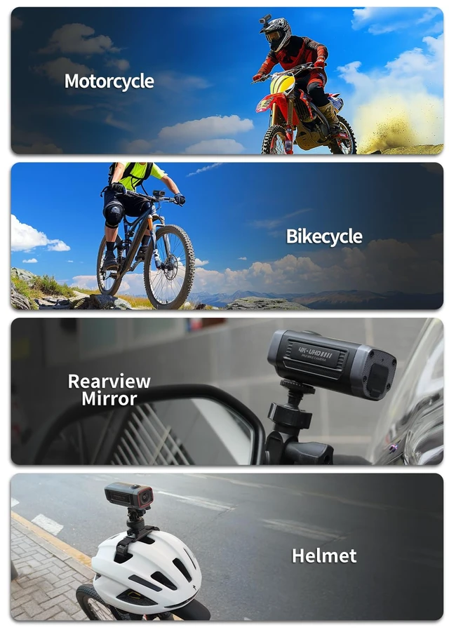 Alt view image 6 of 6 - AKY-710S Motorcycle Camera 4K 28fps, 2K 55fps, Wide-Angle 142°, IP67, 5MP, Loop & Emergency Recording, Parking Monitor, Motorcycle Bike,Outdoor Sports, Rechargeable,32GB Card Included