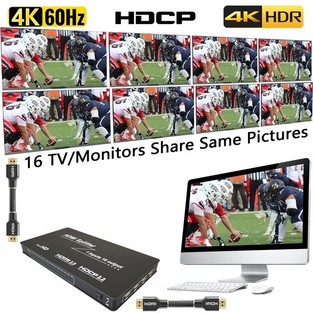 Alt view image 2 of 7 - 1x16 HDMI Splitter 16 Port 4K@60Hz Video Distributor 1 in 16 Out, 18Gbps, HDCP 2.2, 3D/Dolby Audio, Long-Distance Signal Amplification