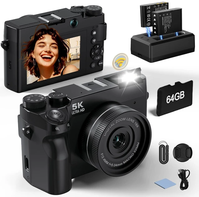 Main image of 5K 75 MP Digital Camera for Photography with 18X Zoom, 64GB, UHD Dual Lens WiFi Autofocus Vlogging Camera, Compact Point and Shoot Travel Cameras for Beginner and Teen, 1 Charge for 2 Batteries, Gift