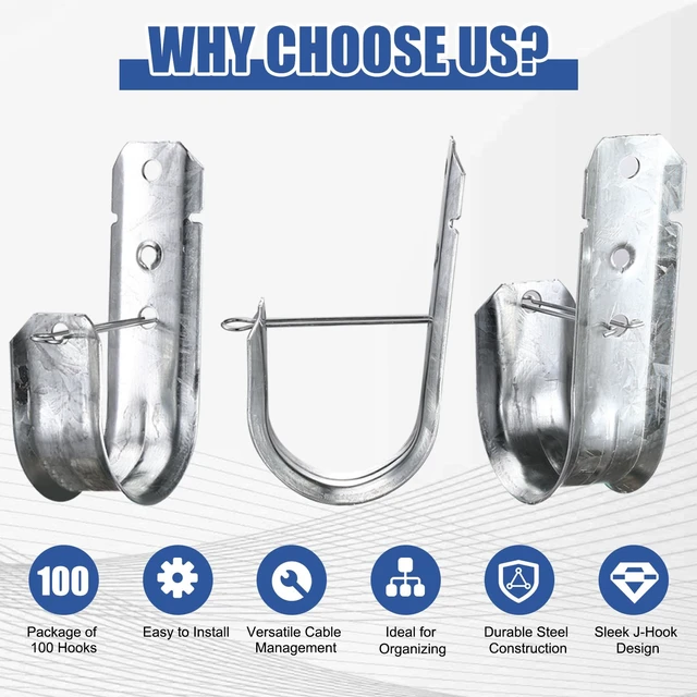 Alt view image 7 of 7 - 2-Inch 100 Pcs Cable Support, J Hooks Heavy Duty Galvanized Steel Cable Hooks Wire Management J Hooks for Attaching Wall Mounting to Vertical Surfaces, Silver
