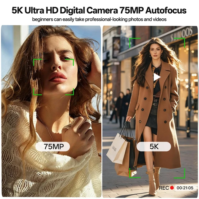 Alt view image 2 of 7 - 5K 75 MP Digital Camera for Photography with 18X Zoom, 64GB, UHD Dual Lens WiFi Autofocus Vlogging Camera, Compact Point and Shoot Travel Cameras for Beginner and Teen, 1 Charge for 2 Batteries, Gift