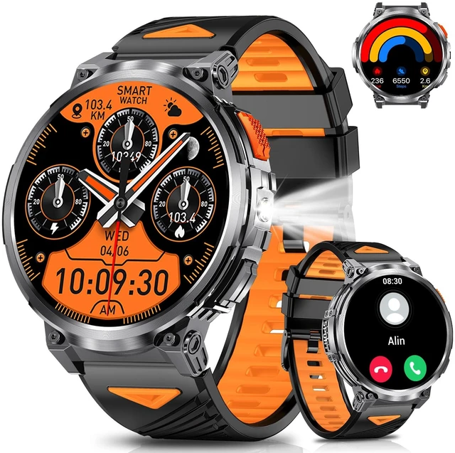 Main image of Military Smart Watch for Men, 1.85" Big Screen, Flashlight, 930mAh Battery Bluetooth Calling, IP68 Waterproof, 114 Sports Modes, Fitness Tracker, Compatible with Android & iPhone