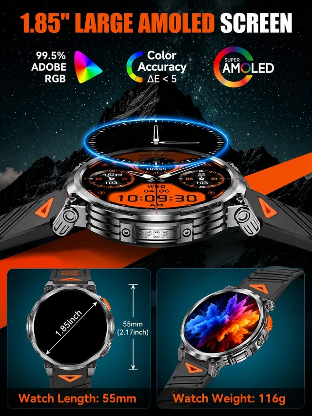 Alt view image 3 of 7 - Military Smart Watch for Men, 1.85" Big Screen, Flashlight, 930mAh Battery Bluetooth Calling, IP68 Waterproof, 114 Sports Modes, Fitness Tracker, Compatible with Android & iPhone