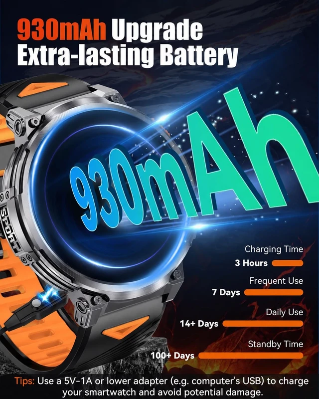 Alt view image 2 of 7 - Military Smart Watch for Men, 1.85" Big Screen, Flashlight, 930mAh Battery Bluetooth Calling, IP68 Waterproof, 114 Sports Modes, Fitness Tracker, Compatible with Android & iPhone