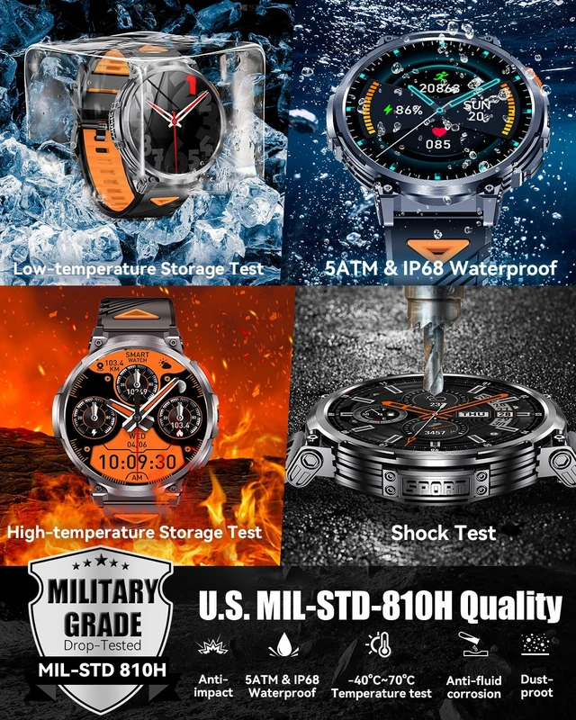 Alt view image 4 of 7 - Military Smart Watch for Men, 1.85" Big Screen, Flashlight, 930mAh Battery Bluetooth Calling, IP68 Waterproof, 114 Sports Modes, Fitness Tracker, Compatible with Android & iPhone