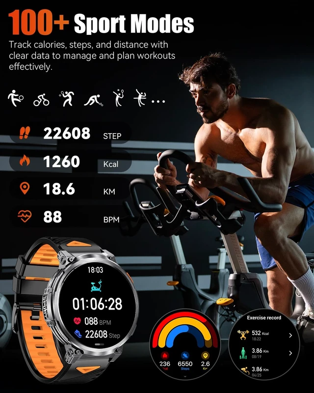 Alt view image 5 of 7 - Military Smart Watch for Men, 1.85" Big Screen, Flashlight, 930mAh Battery Bluetooth Calling, IP68 Waterproof, 114 Sports Modes, Fitness Tracker, Compatible with Android & iPhone