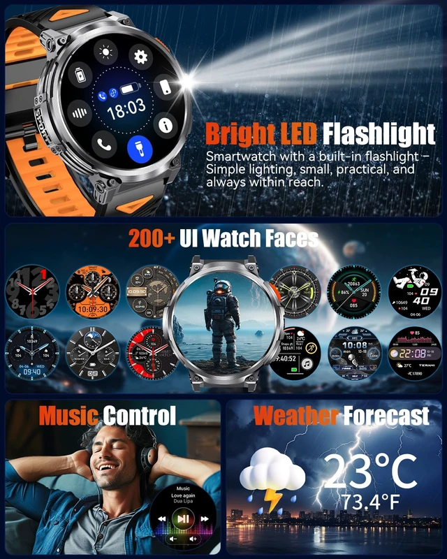 Alt view image 7 of 7 - Military Smart Watch for Men, 1.85" Big Screen, Flashlight, 930mAh Battery Bluetooth Calling, IP68 Waterproof, 114 Sports Modes, Fitness Tracker, Compatible with Android & iPhone