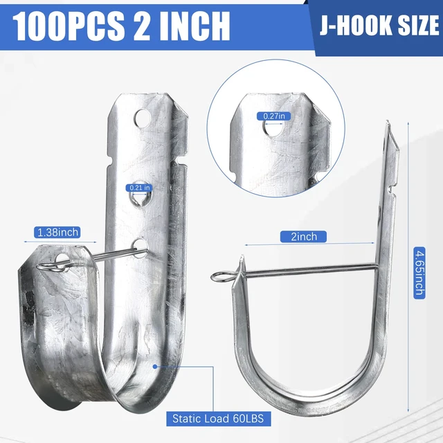 Alt view image 2 of 7 - 2-Inch 100 Pcs Cable Support, J Hooks Heavy Duty Galvanized Steel Cable Hooks Wire Management J Hooks for Attaching Wall Mounting to Vertical Surfaces, Silver