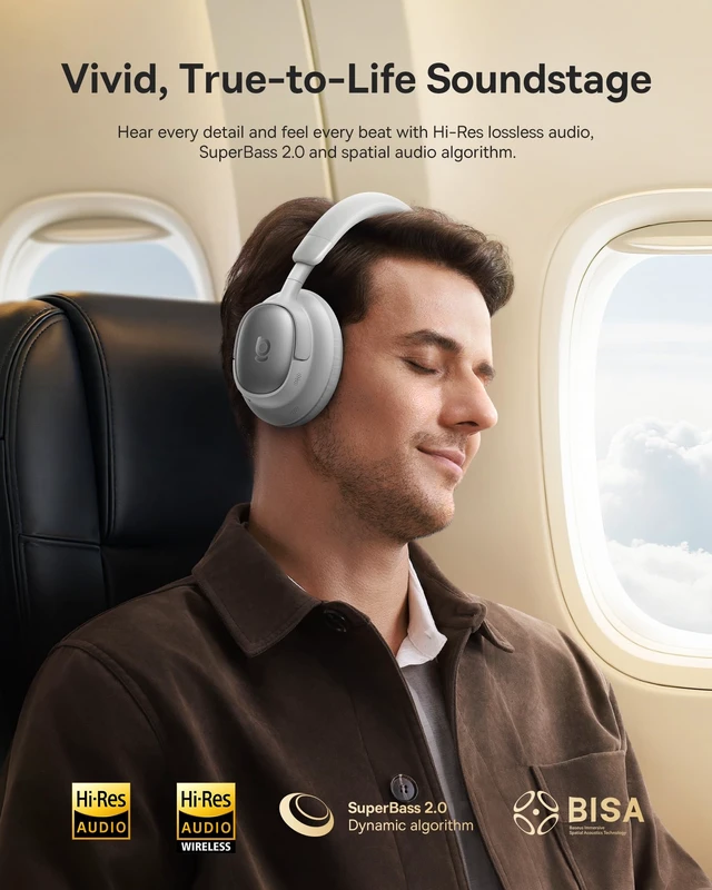 Alt view image 4 of 7 - Bowie MH1 Adaptive Active Noise Cancelling Headphones, Real-Time Adaptive Hybrid ANC, SuperBass 2.0, LDAC Hi-Res Sound, 80H Playtime, Comfortable Fit, Clear Calls, Bluetooth 6.0 -Frosted Gray