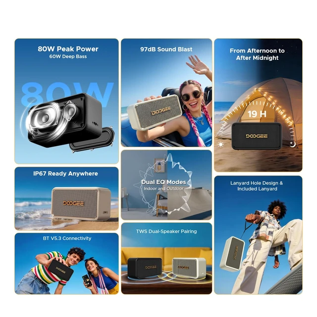 Alt view image 2 of 7 - FIELDECHO Waterproof Portable Bluetooth Speaker, 19H Playtime IP67 Waterproof, Deep Bass, Bluetooth 5.3, TWS Stereo, USB/TF/AUX, 80W Wireless Speaker for Party/Home/Outdoors/Travel-Black