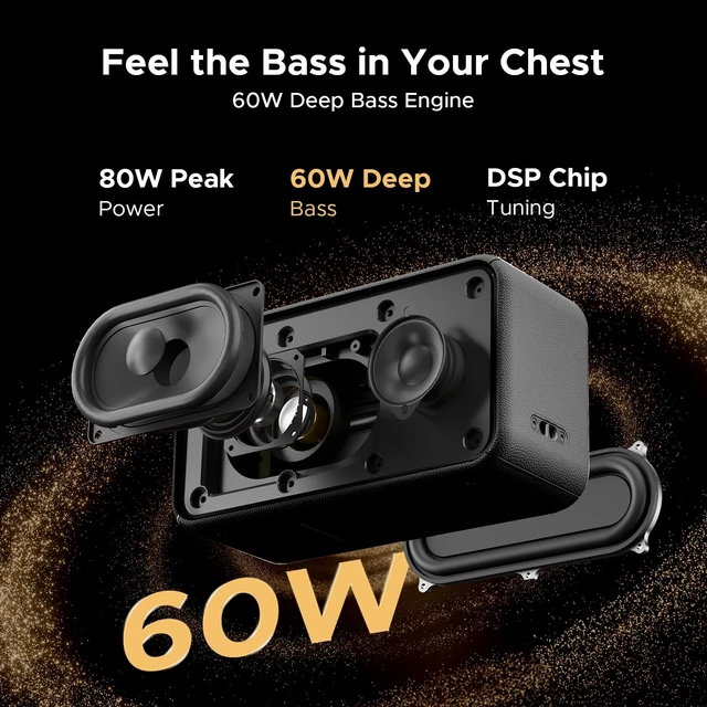 Alt view image 3 of 7 - FIELDECHO Waterproof Portable Bluetooth Speaker, 19H Playtime IP67 Waterproof, Deep Bass, Bluetooth 5.3, TWS Stereo, USB/TF/AUX, 80W Wireless Speaker for Party/Home/Outdoors/Travel-Black