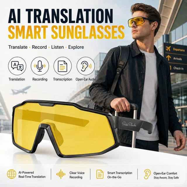Alt view image 2 of 7 - Bluetooth Sunglasses with AI Translation, Night Vision Driving Smart Glasses, 133 Languages, Voice Recording, Hands-Free Calls, Polarized UV400, IP65 Waterproof Dustproof,Speaker Glasses